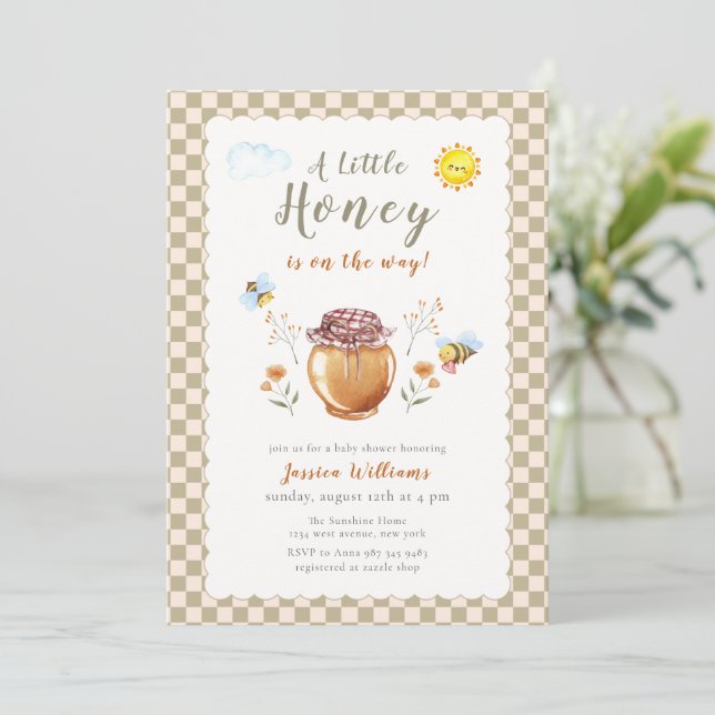 Invitation Baby Shower Bébé Abeille en Vichy (Debout devant)