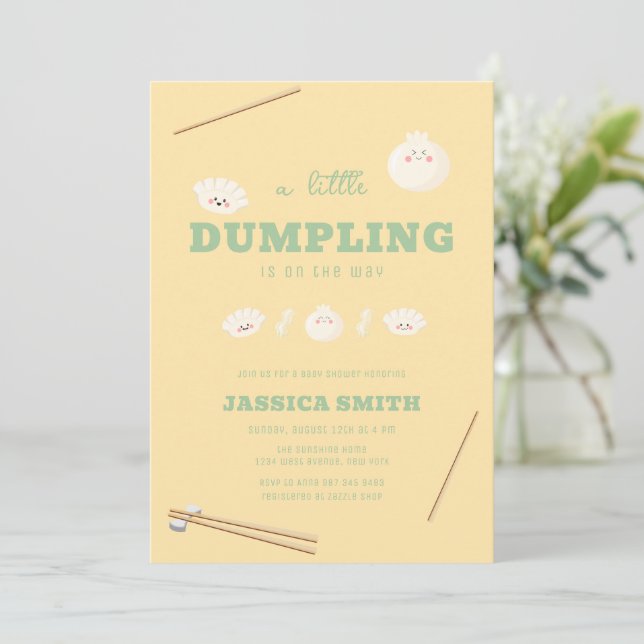 Invitation Baby Shower Bébé Bao Dumpling Vert Jaune Kawaii  (Debout devant)
