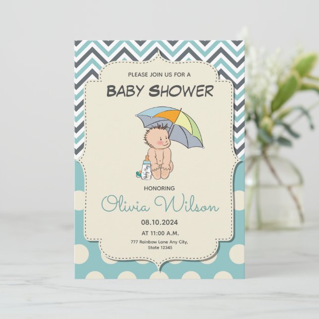 Invitation Baby shower bébé bleu caricature mignonne (Debout devant)