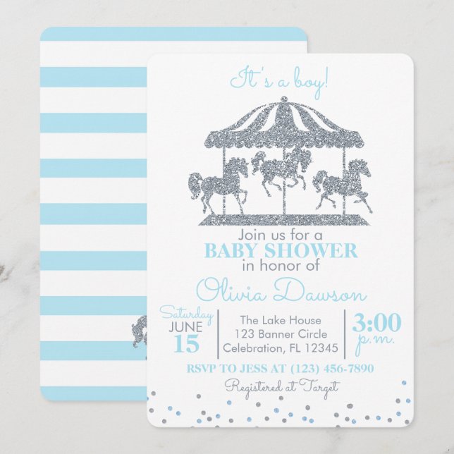 Invitation Baby shower bébé Bleu & Carrousel Argent (Devant / Derrière)