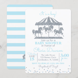 Invitation Baby shower bébé Bleu & Carrousel Argent