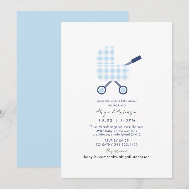 Invitation Baby shower bébé bleu En vichy (Devant / Derrière)