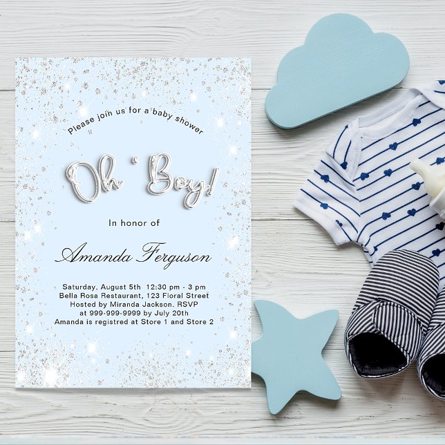 Invitation Baby shower bébé bleu garçon argent parties scinti (Créateur téléchargé)