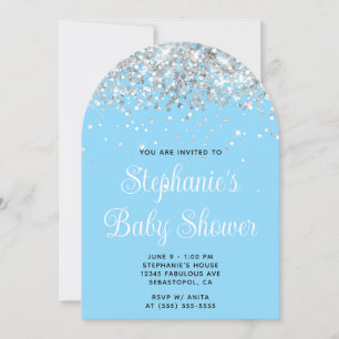 Invitation Baby-Shower Bébé Bleu Paillettes Argentées