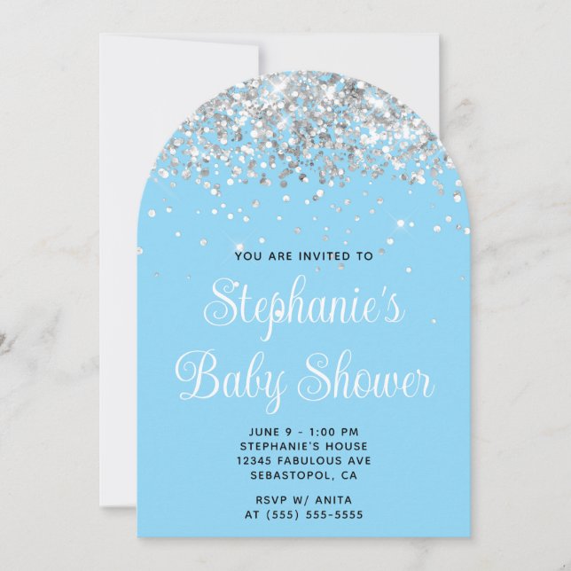 Invitation Baby-Shower Bébé Bleu Paillettes Argentées (Devant)