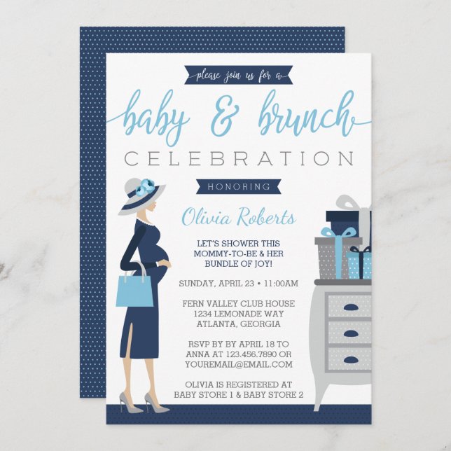 Invitation Baby shower Bébé & Bruch, Bleu, Gris (Devant / Derrière)