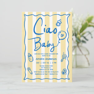 Invitation Baby shower bébé Ciao jaune bleu dessiné à la main