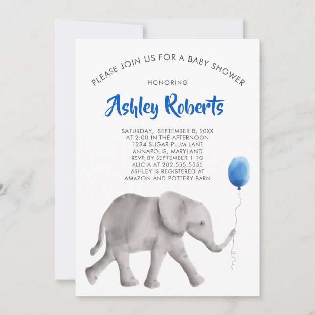 Invitation Baby shower bébé éléphant Invitation, bleu et gris (Devant)