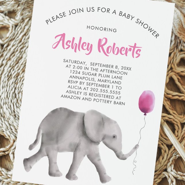 Invitation Baby shower bébé éléphant Invitation, rose et gris (Créateur téléchargé)