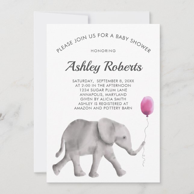Invitation Baby shower bébé éléphant, rose et gris (Devant)