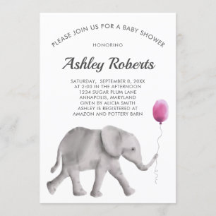 Invitation Baby shower bébé éléphant, rose et gris