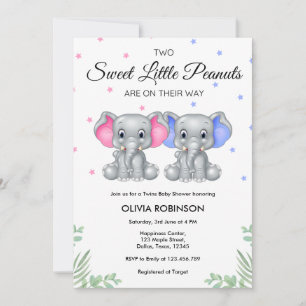 Invitation Baby shower bébé Eléphant Twin Girl