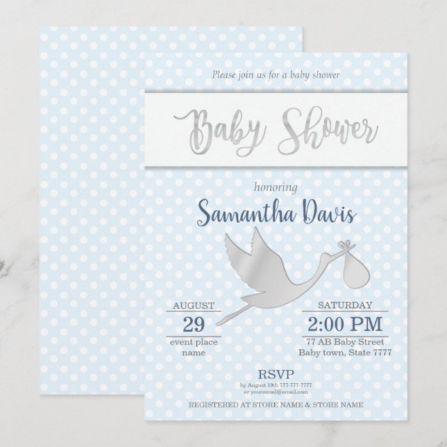 Invitation Baby shower bébé en cigogne d'argent (Devant / Derrière)