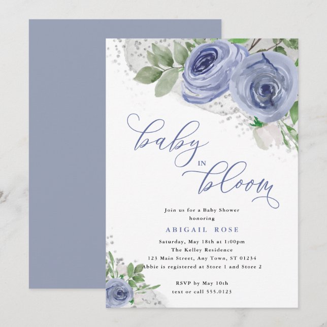 Invitation Baby shower bébé en fleur, bleu et argent (Devant / Derrière)