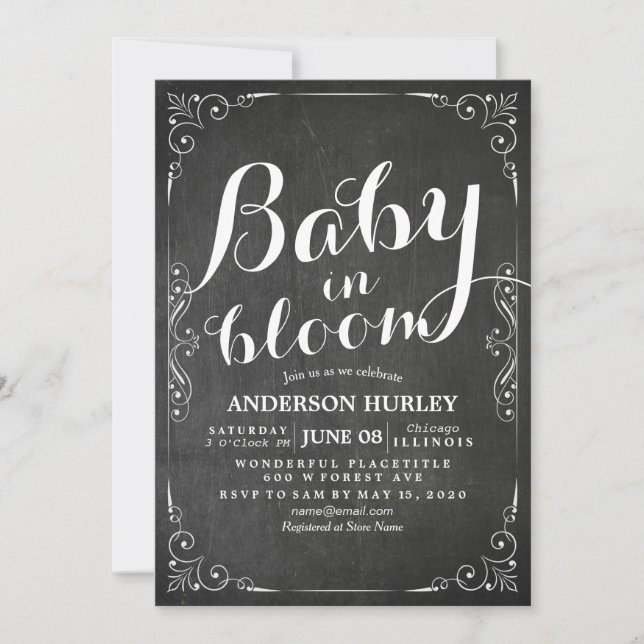 Invitation Baby shower bébé en Fleur Cadre Floral Chalkboard (Devant)