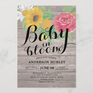 Invitation Baby shower bébé en fleur Chic Fleurs Bois Rustiqu