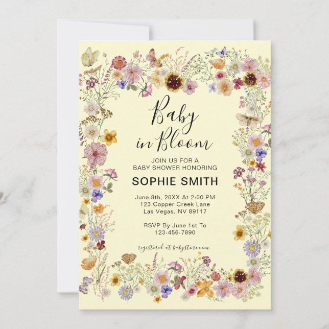 Invitation Baby shower Bébé En Fleur Jardin Papillons (Devant)