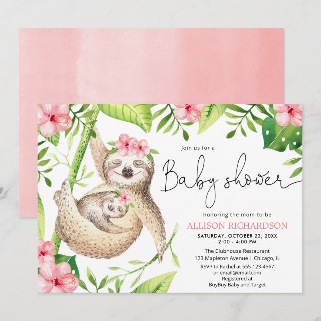 Invitation Baby shower bébé et maman vert pâle rose pâle (Devant / Derrière)