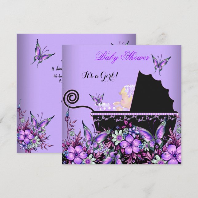 Invitation Baby Shower Bébé Fille Blonde Papillon Violet (Devant / Derrière)