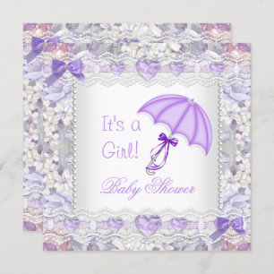 Invitation Baby shower Bébé Fille Lavande Parapluie Floral