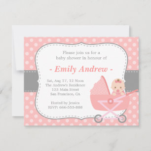 Invitation Baby Shower - Bébé Fille Mignon dans un Landau