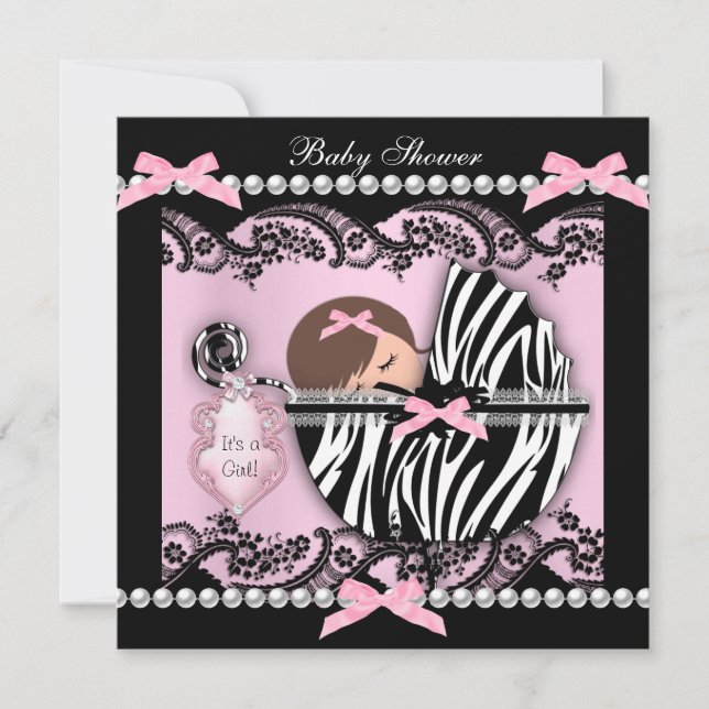 Invitation Baby Shower Bébé Fille Mignon Rayure Rose Dentelle (Devant)