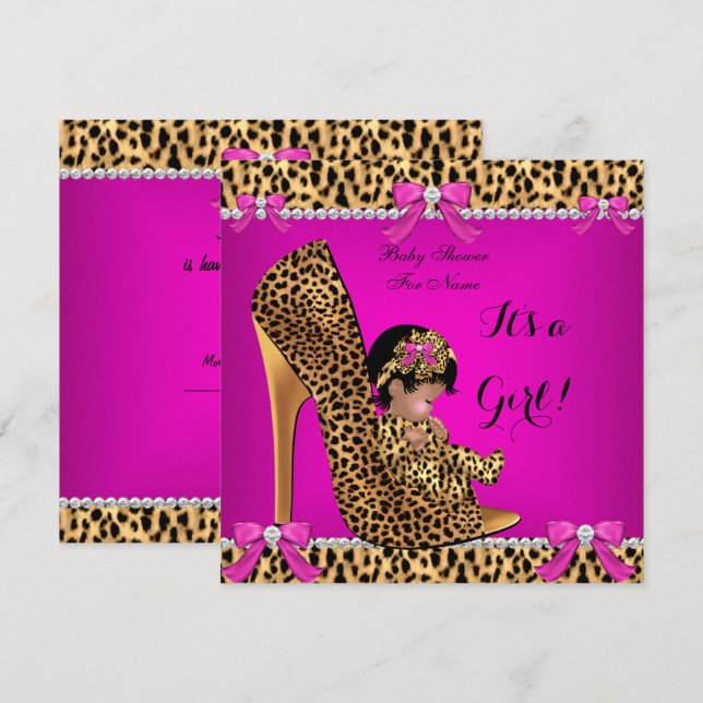 Invitation Baby Shower Bébé Fille Mignonne Chaussure Léopard  (Devant / Derrière)