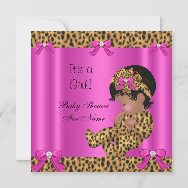 Invitation Baby Shower Bébé Fille Mignonne Léopard Rose Chaud (Devant)