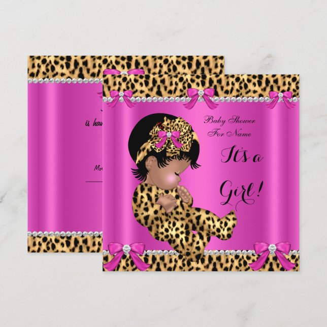 Invitation Baby Shower Bébé Fille Mignonne Léopard Rose Chaud (Devant / Derrière)