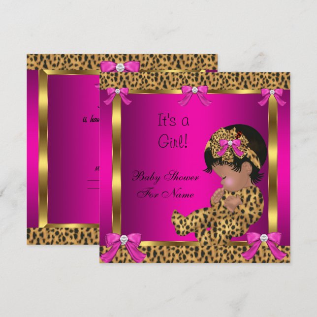 Invitation Baby Shower Bébé Fille Mignonne Léopard Rose Or 2 (Devant / Derrière)