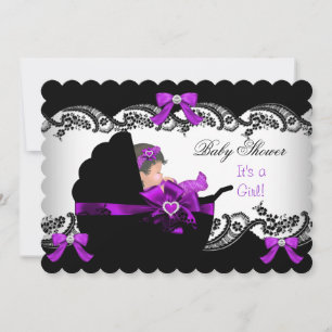 Invitation Baby Shower Bébé Fille Mignonne Violet Rose Dentel