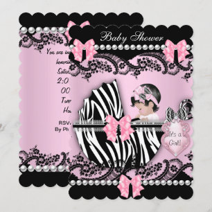 Invitation Baby Shower Bébé Fille Mignonne Zèbre Rose Dentell