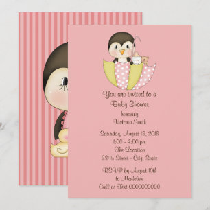 Invitation Baby shower bébé fille Penguin