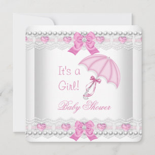 Invitation Baby shower bébé fille rose blanc dentelle paraplu