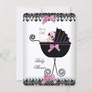 Invitation Baby Shower Bébé Fille Rose Noir Blanc Dentelle