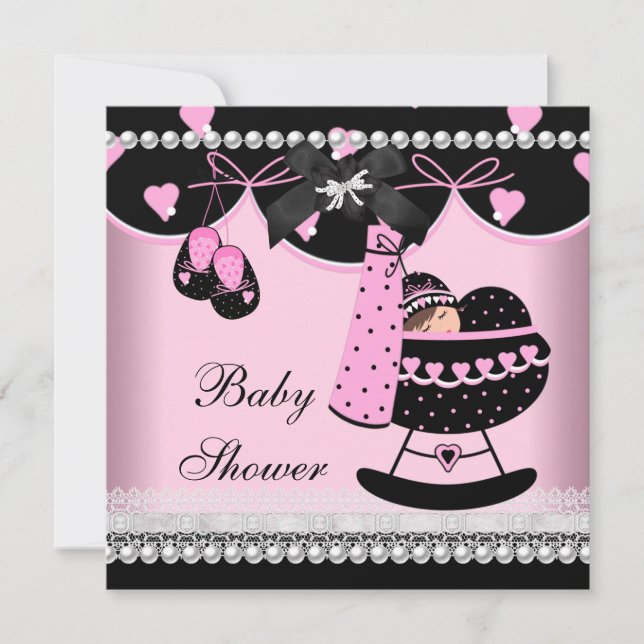 Invitation Baby Shower Bébé Fille Rose Noir Perle Dentelle (Devant)
