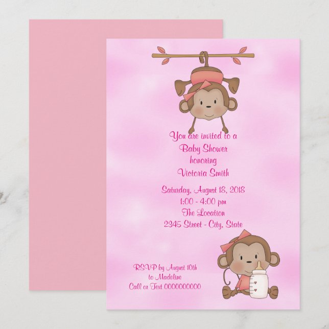 Invitation Baby shower Bébé Fille Singe (Devant / Derrière)
