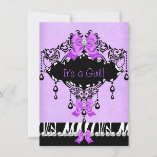 Invitation Baby shower bébé fille violet rose Zebra Bow