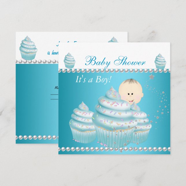 Invitation Baby Shower Bébé Garçon Bleu Gâteau Sprinkle (Devant / Derrière)