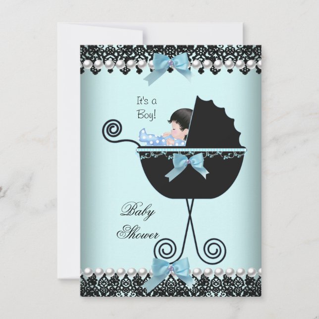 Invitation Baby Shower Bébé Garçon Bleu Turquoise Noir Dentel (Devant)