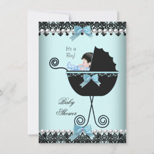 Invitation Baby Shower Bébé Garçon Bleu Turquoise Noir Dentel