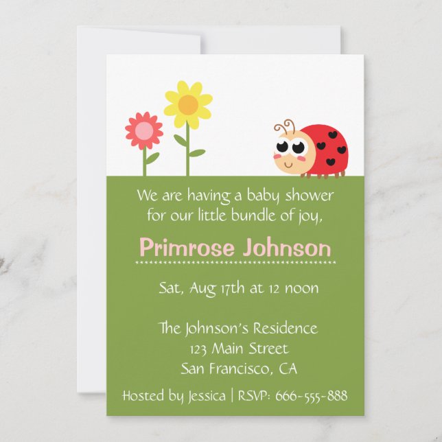 Invitation Baby shower : Bébé mignon Ladybug dans un jardin (Devant)