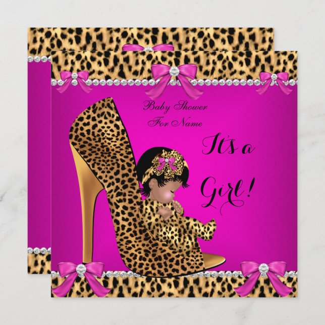 Invitation Baby shower bébé mignonne fille Leopard Hot rose C (Devant / Derrière)