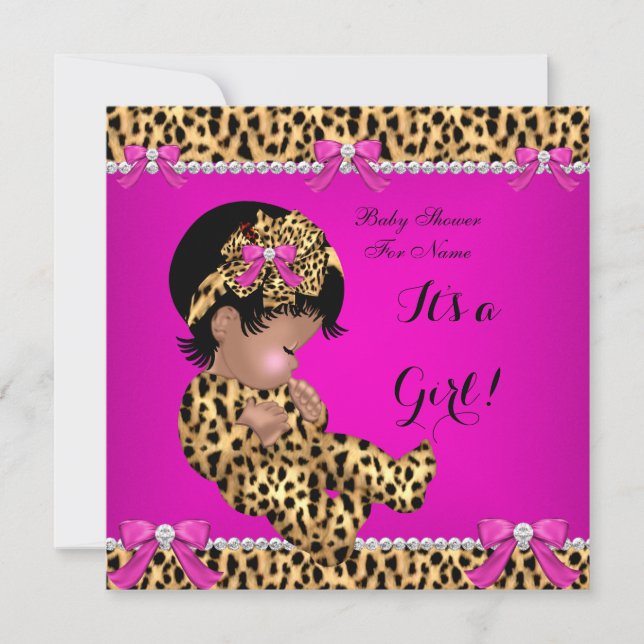 Invitation Baby shower bébé mignonne fille Leopard Hot rose o (Devant)