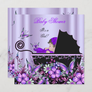 Invitation Baby shower Bébé mignonne Fille Papillon pourpre 3
