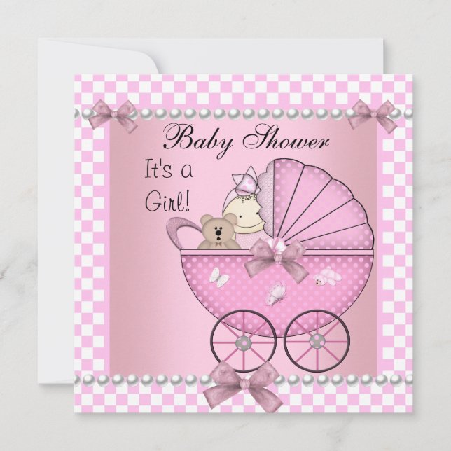 Invitation Baby shower Bébé mignonne Fille rose Chèque Pram (Devant)