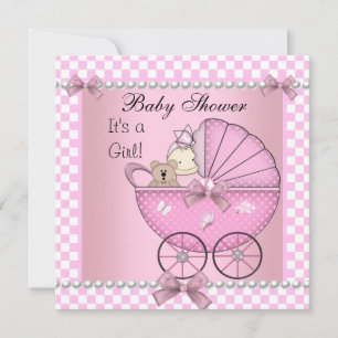 Invitation Baby shower Bébé mignonne Fille rose Chèque Pram