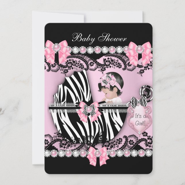 Invitation Baby shower Bébé mignonne fille rose perles Zebra (Devant)