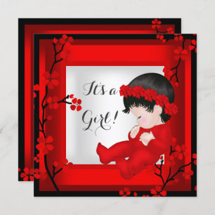 Invitation Baby shower Bébé mignonne Fille Rouge Blossom Noir