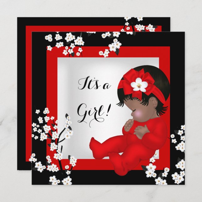 Invitation Baby shower Bébé mignonne Fille Rouge Blossom Noir (Devant / Derrière)